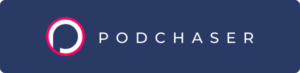 a dark blue rectangle with the word "podchaser" on it